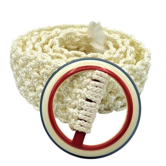 Vintage Macrame Belt Celluloid Buckle Red White Blue Accessories - Picture 1 of 9
